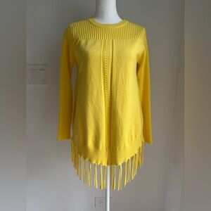 Estrna Jane Yellow Crew Neck Tunic V Shape Hem Rib Knit Sweater Fringe Detail
